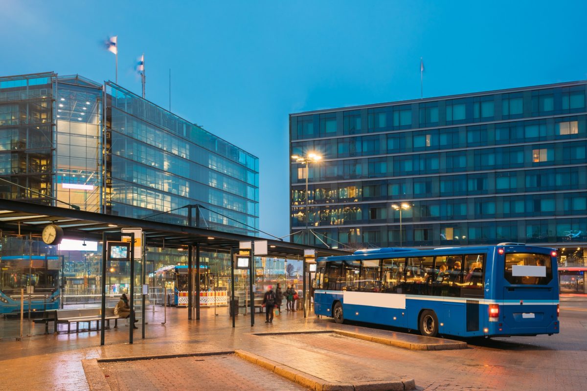 Helsinki, Finland. Bus Is At Stop On Helsinki Railway Square. Square Serves As Helsinki Secondary Bus Station And Main Kamppi Center Bus Station.