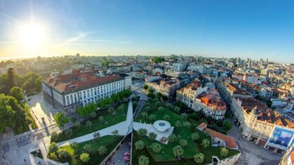 Praca de Lisboa - panoramic view from Clerigos Tower in Porto timelapse before sunset fisheye, Portugal