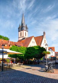 Cityscape of Gemüden am Main with church and market square, Bavaria, Germany