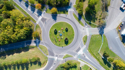Aerial view of a traffic circle in Chemere, Loire Atlantique, France