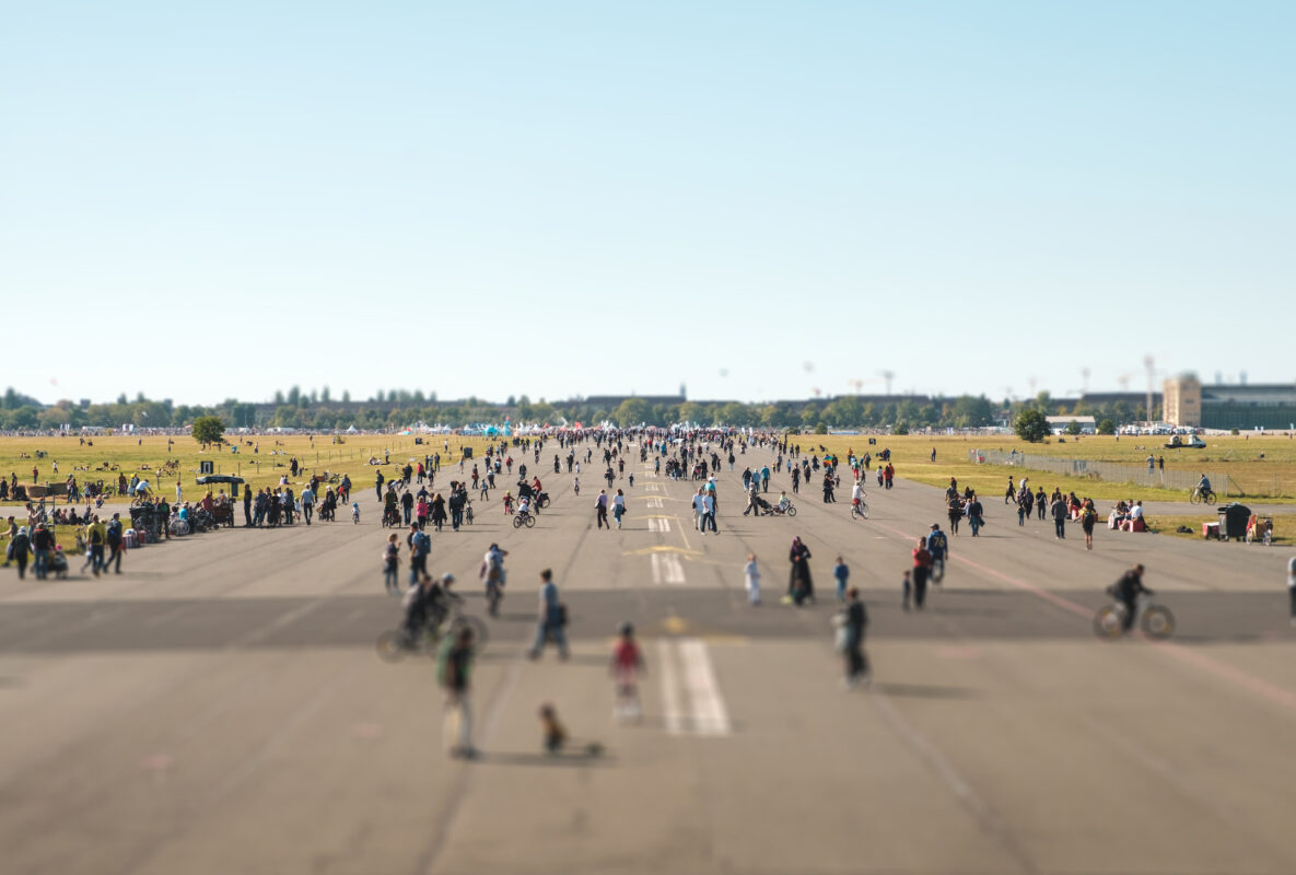 Berlin, Germany - September 2019: Many People outdoor on Airfield (Flughafen Tempelhof), former city airport in Berlin