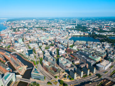 Hamburg city centre aerial panoramic view in Germany