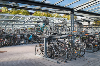 Many bikes stored in bicycle parking structure in Sweden