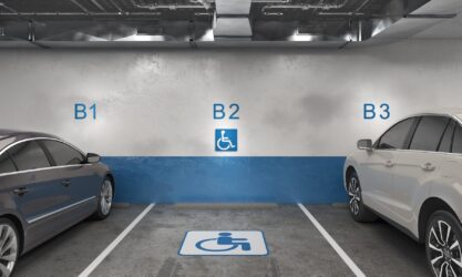 Free handicapped place between two occupied, underground parking, 3d illustration