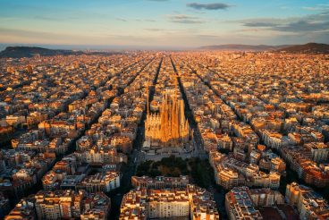 Sagrada Familia Basilica aerial view as the famous landmark in Barcelona, Spain
