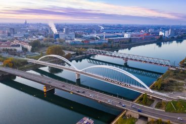 Bridges bridge over Rhine river between Kehl and Strasbourg Germany France aerial photo view