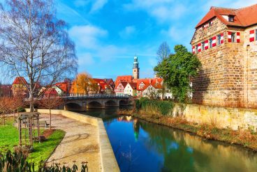 Scenic spring view of the Old Town pier ancient medieval architecture of Lauf an der Pegnitz in Nurnberger Land district of Bavaria, Germany