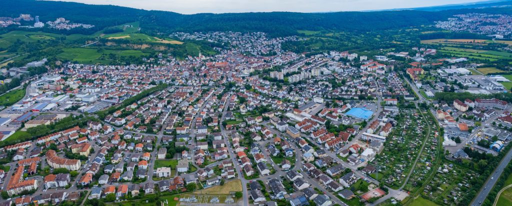 Aerial panorama view of the city Leimen in Germany on a cloudy day in spring