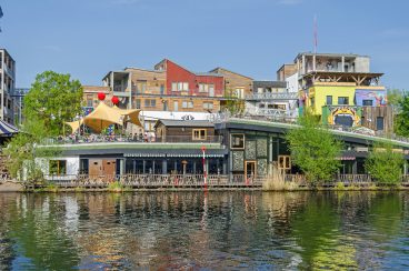 Berlin, Germany - April 22, 2018: Holzmarkt - an urban village made of recycled windows, secondhand bricks and scrap wood, a huge regeneration project to be led, not by the property developer, but by the club owners.