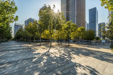 modern buildings and empty pavement under sunbeam