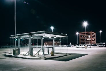 The roof of a parking garage at night, in Columbia, Maryland.