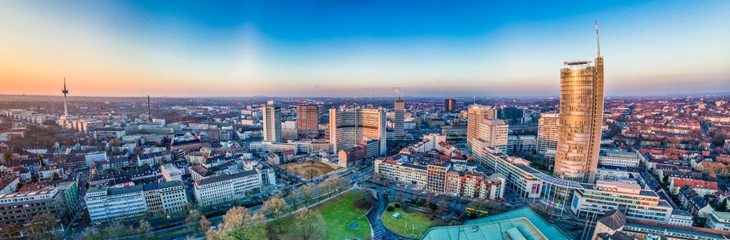 The city skyline of Essen under the sunset, Germany, aerial