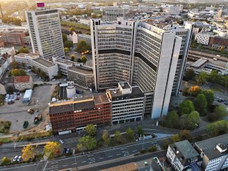 Essen city in Ruhr region, Germany. Aerial city view of downtown Essen.