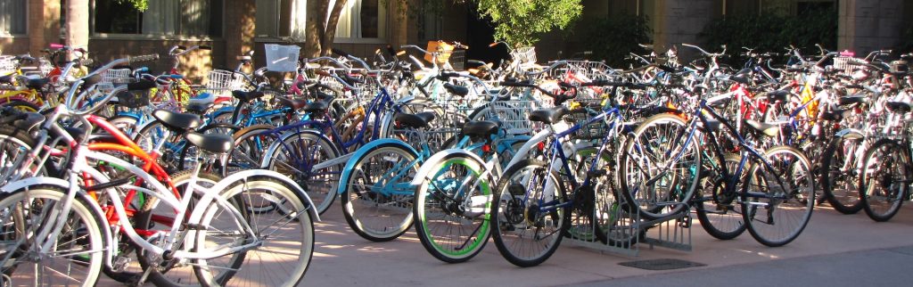 Rows of parked bicycles at the University town of Santa Barbara