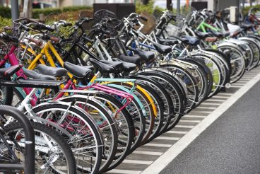 A view of the bicycle parking lot around the station in Japan.